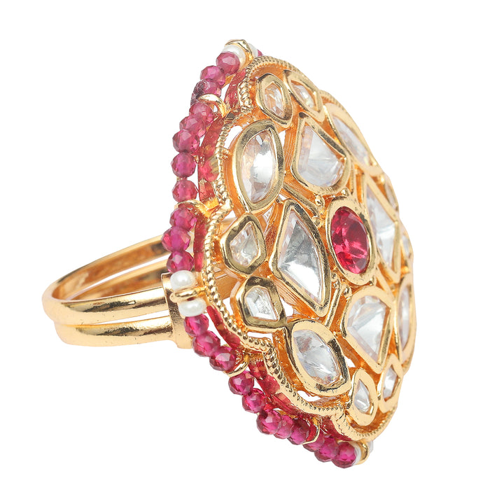 Gold Finished Kundan Polki Red Ring