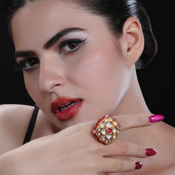 Gold Finished Kundan Polki Red Ring