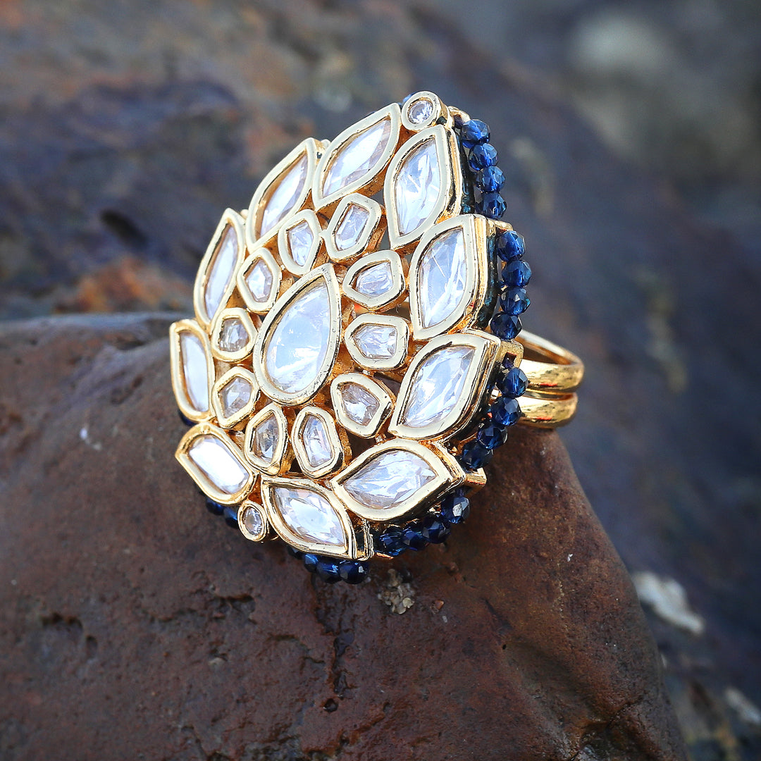 Gold Finished Kundan Polki Leaf Design Ring