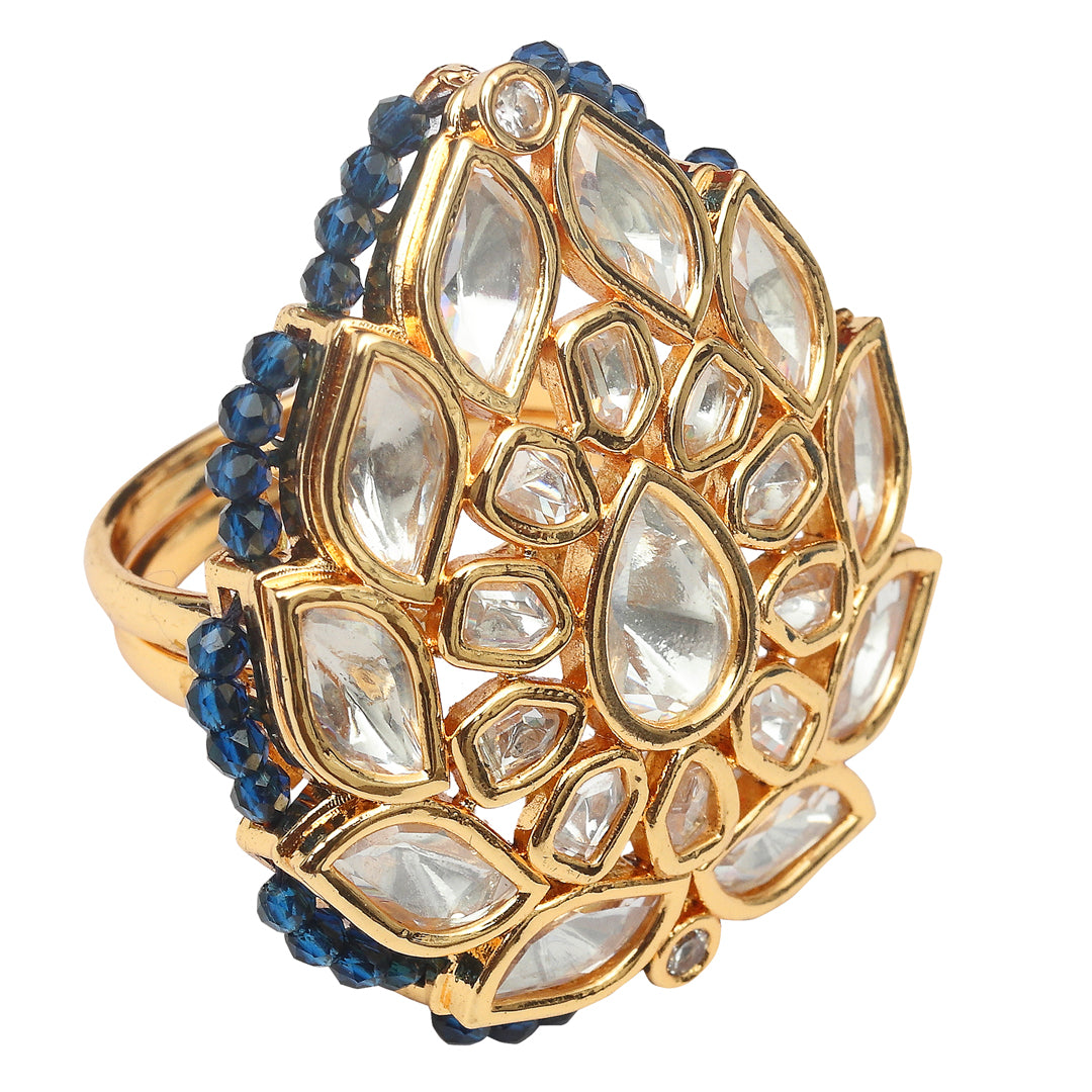 Gold Finished Kundan Polki Leaf Design Ring