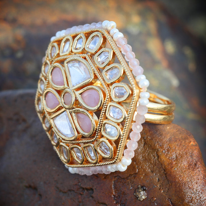 Gold Finished Kundan Polki Hexagonal Pink Ring