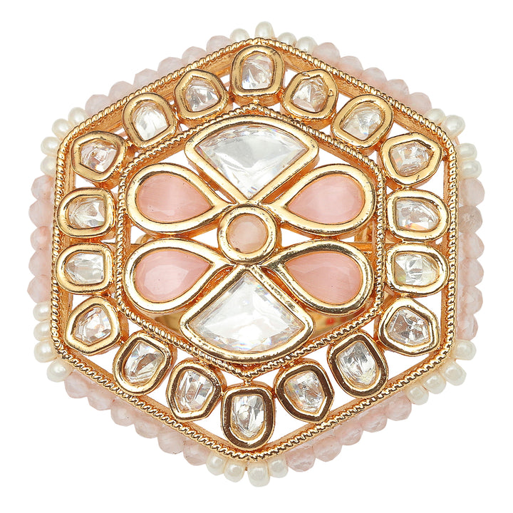 Gold Finished Kundan Polki Hexagonal Pink Ring