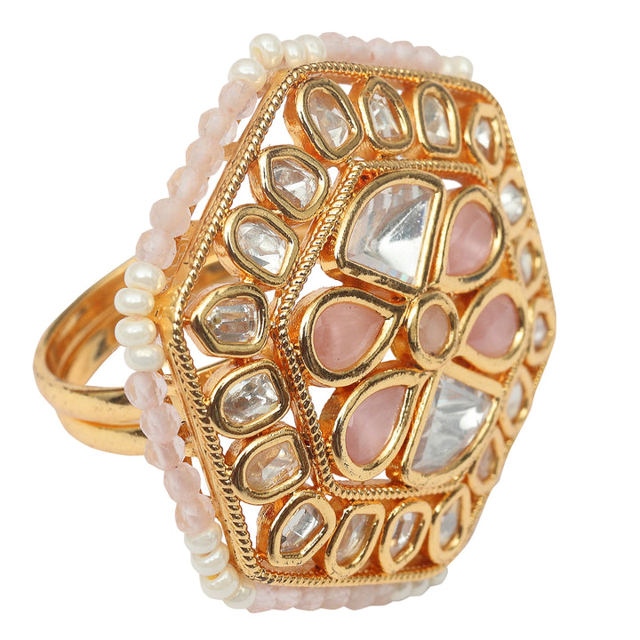 Gold Finished Kundan Polki Hexagonal Pink Ring