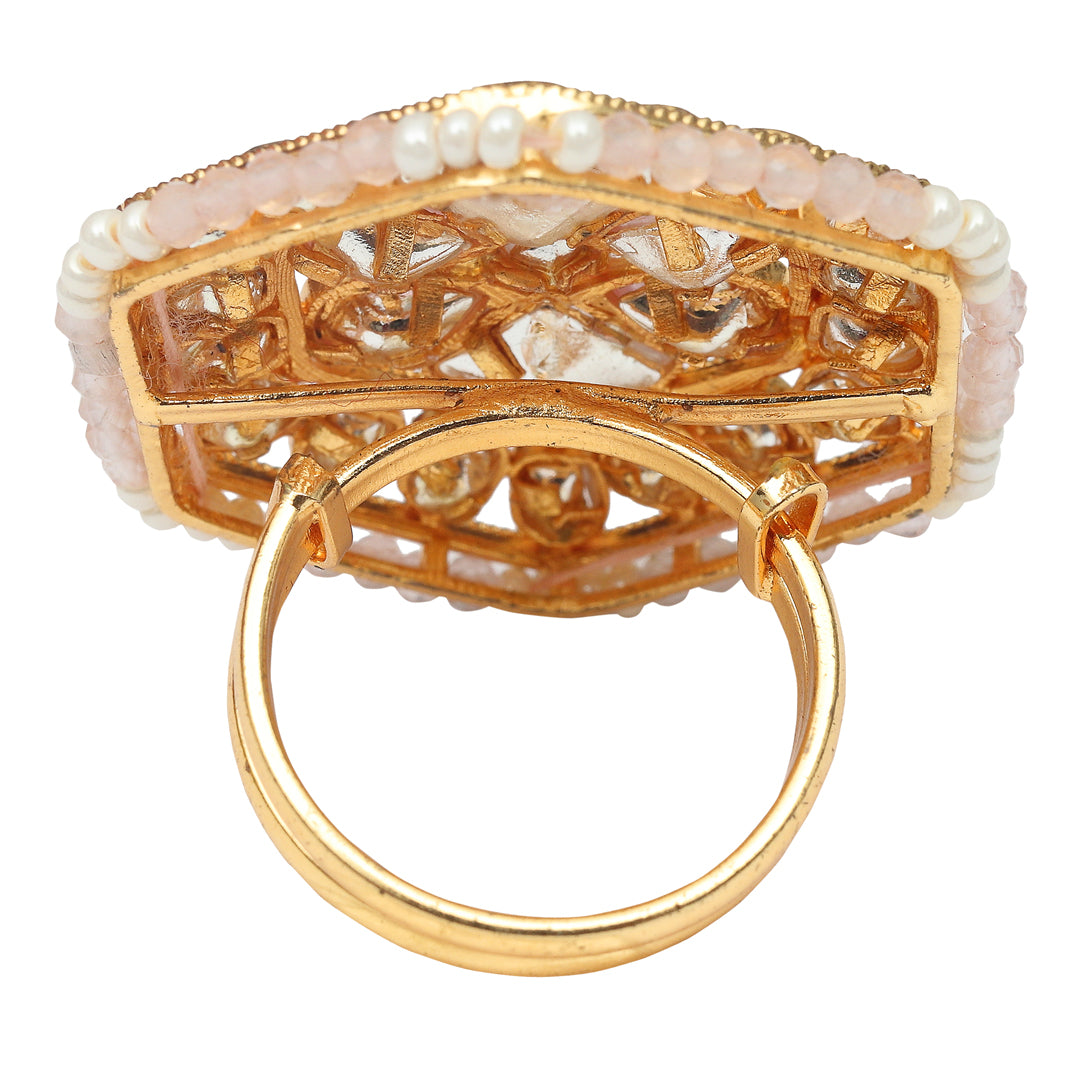 Gold Finished Kundan Polki Hexagonal Pink Ring