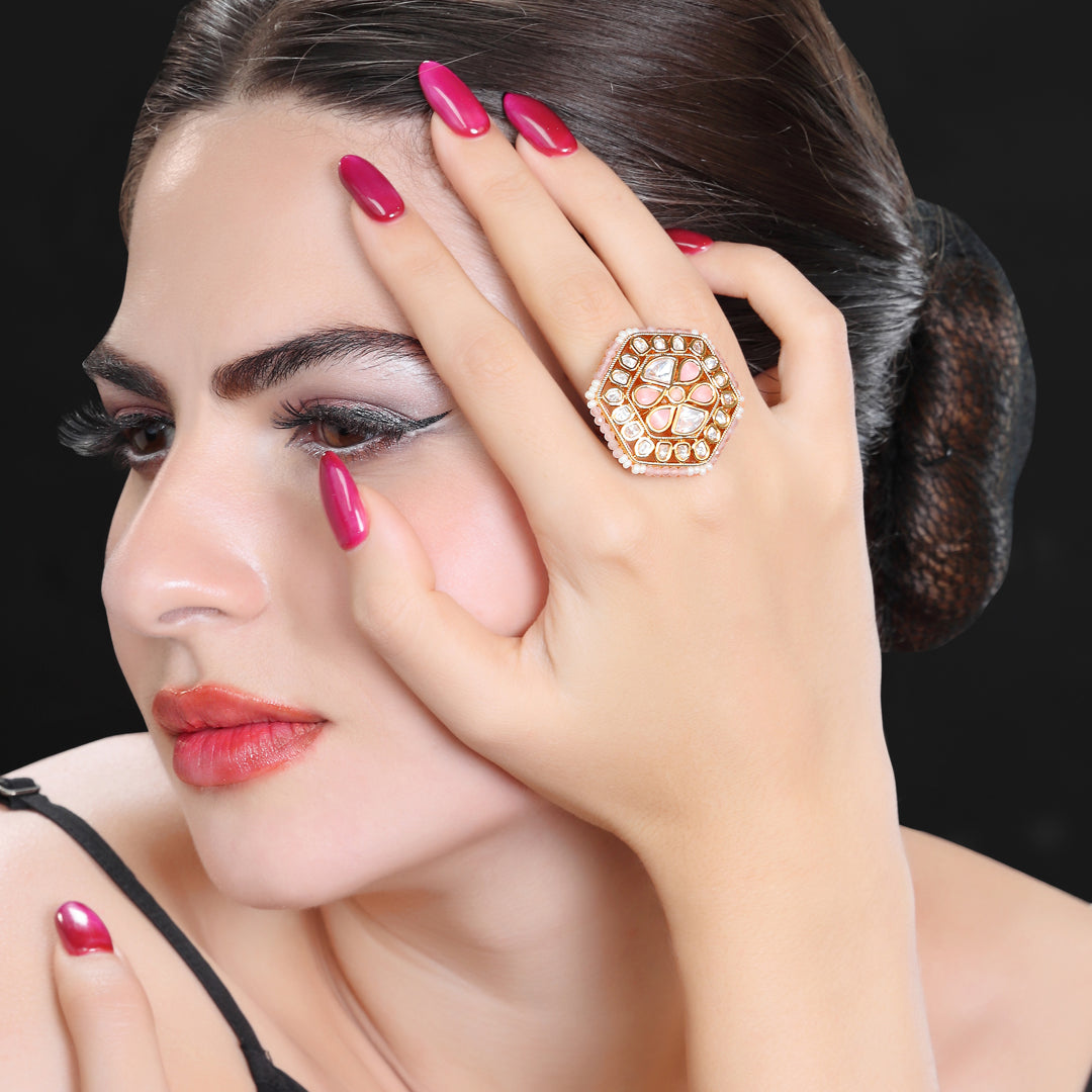 Gold Finished Kundan Polki Hexagonal Pink Ring