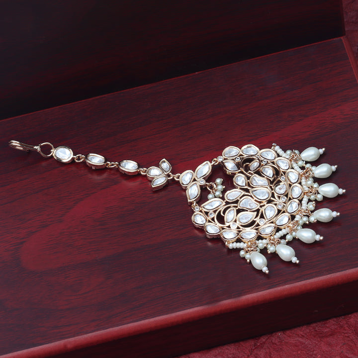 Gold finish Kundan and Polki Maang Tikka with soft White beads