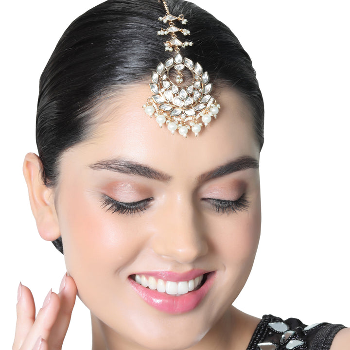 Gold finish Kundan and Polki Maang Tikka with soft White beads