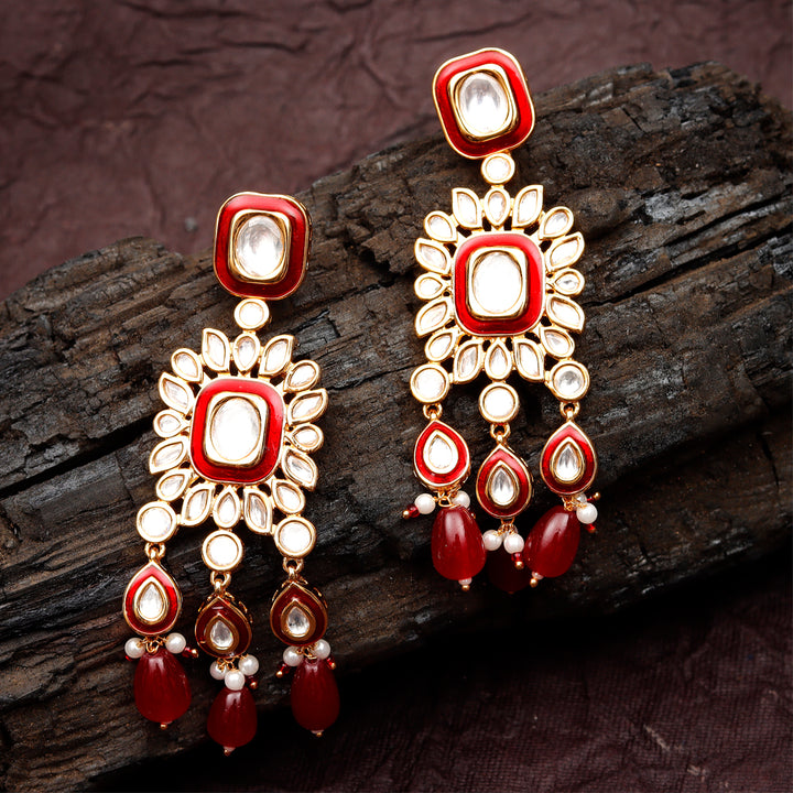 Red Meenakari Kundan Danglers