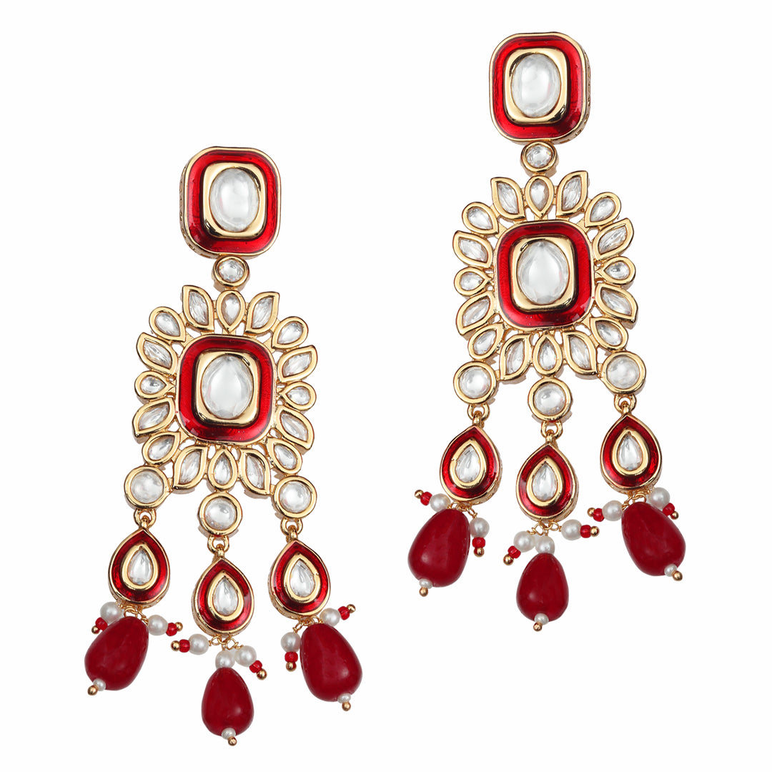 Red Meenakari Kundan Danglers