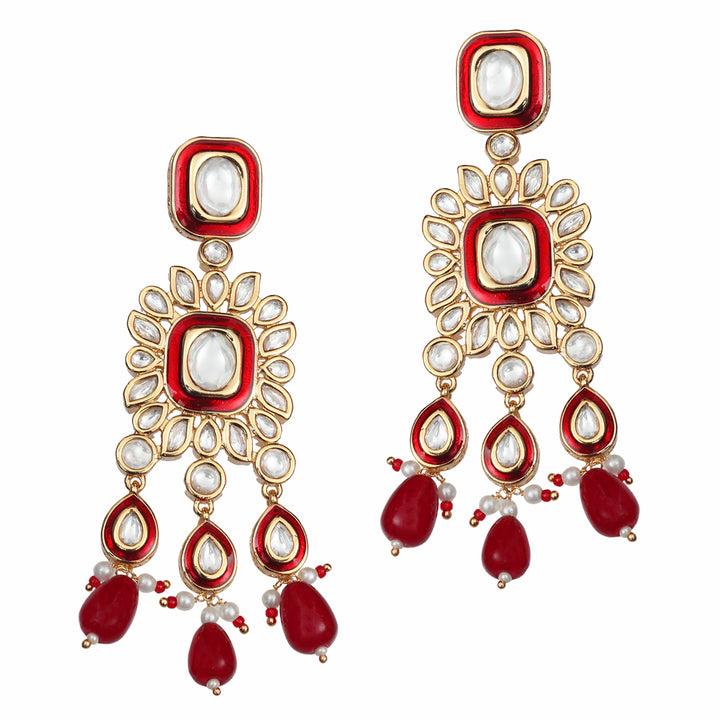 Red Meenakari Kundan Danglers