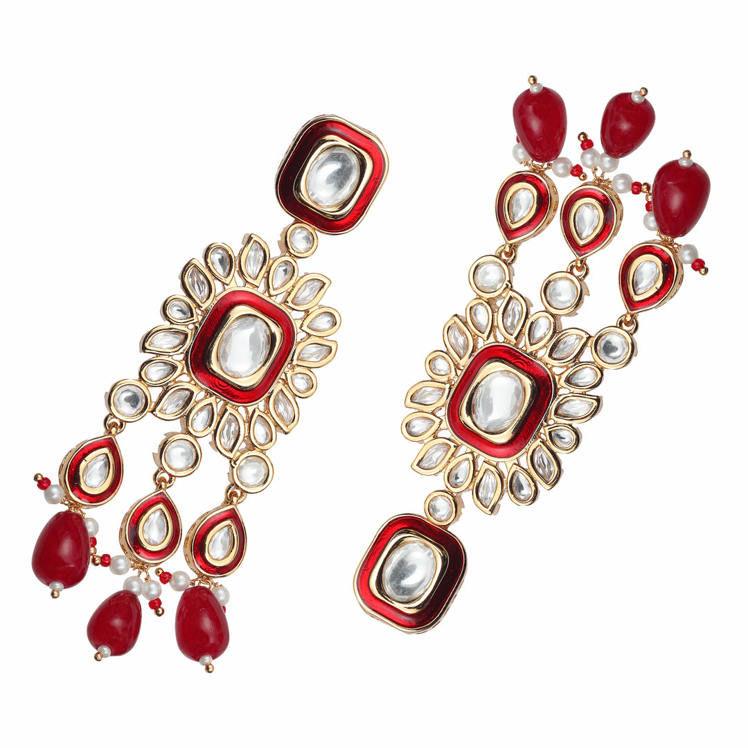 Red Meenakari Kundan Danglers