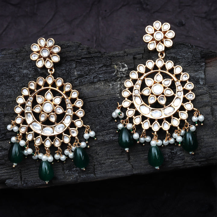 Gold Finish Kundan Green Bead Chaandbaalis