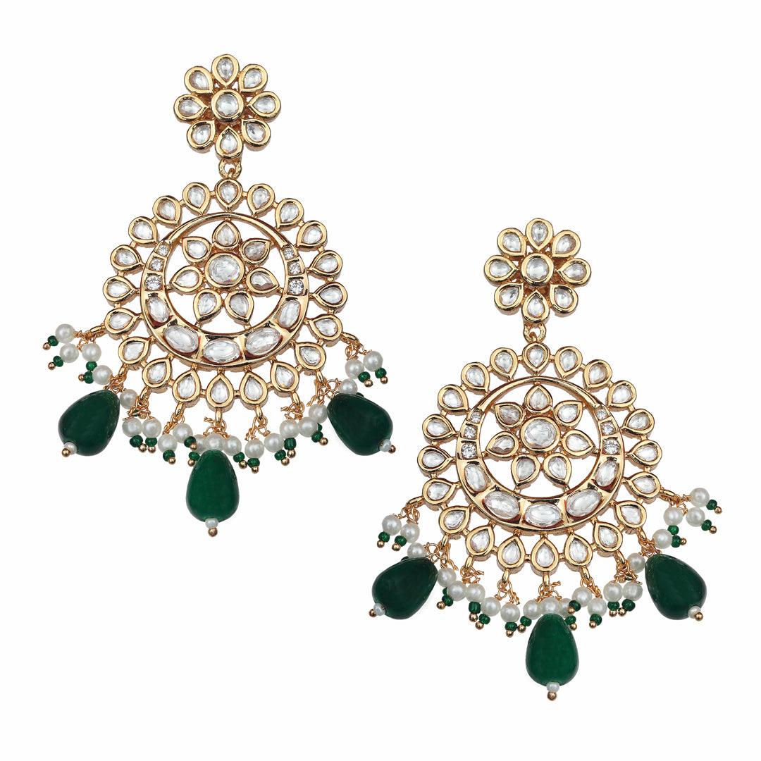 Gold Finish Kundan Green Bead Chaandbaalis