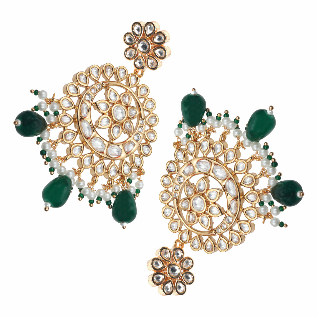 Gold Finish Kundan Green Bead Chaandbaalis