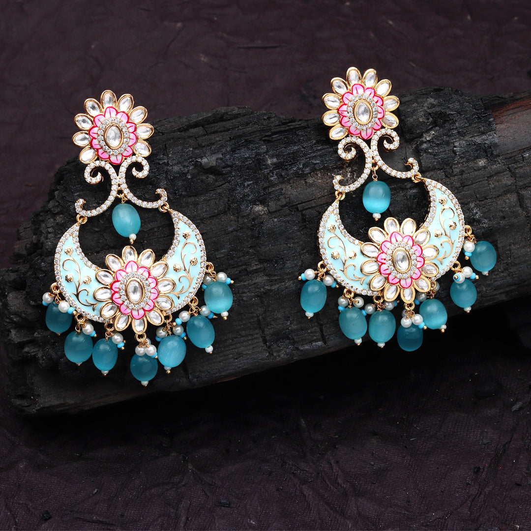 Pink and White Kundan Meenkari Danglers