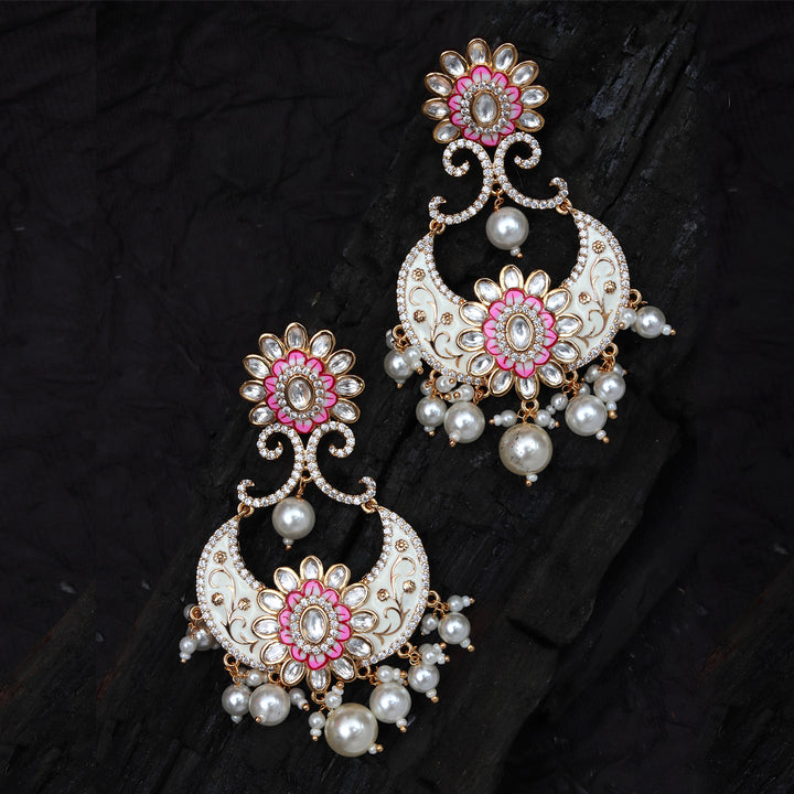 Pink and White Kundan Meenkari Danglers