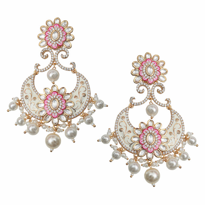 Pink and White Kundan Meenkari Danglers