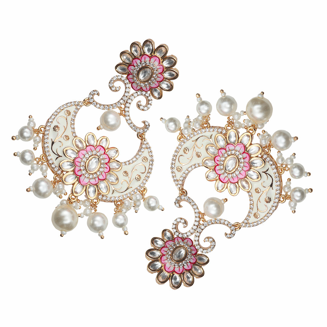 Pink and White Kundan Meenkari Danglers