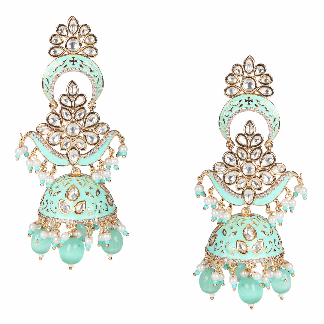 Mint Meenakari Kundan Jhumkas