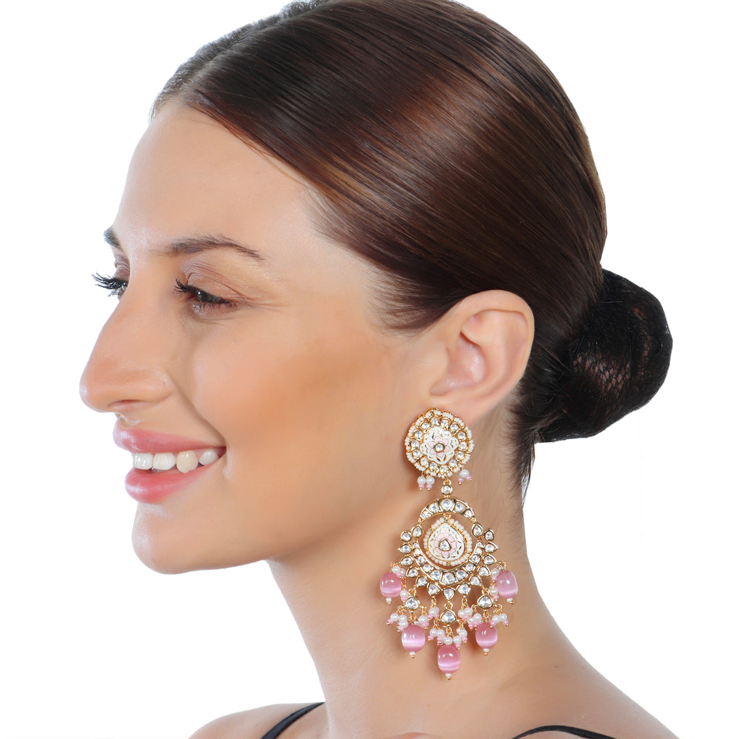 Pink & White Kundan Meenkari Danglers with White Beads