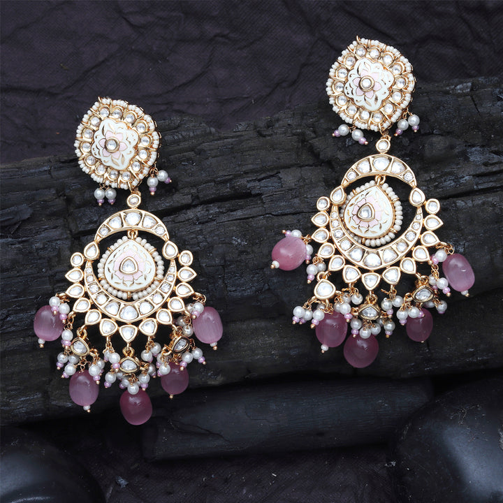 Pink & White Kundan Meenkari Danglers with White Beads