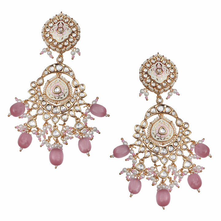 Pink & White Kundan Meenkari Danglers with White Beads