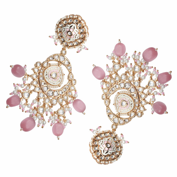 Pink & White Kundan Meenkari Danglers with White Beads