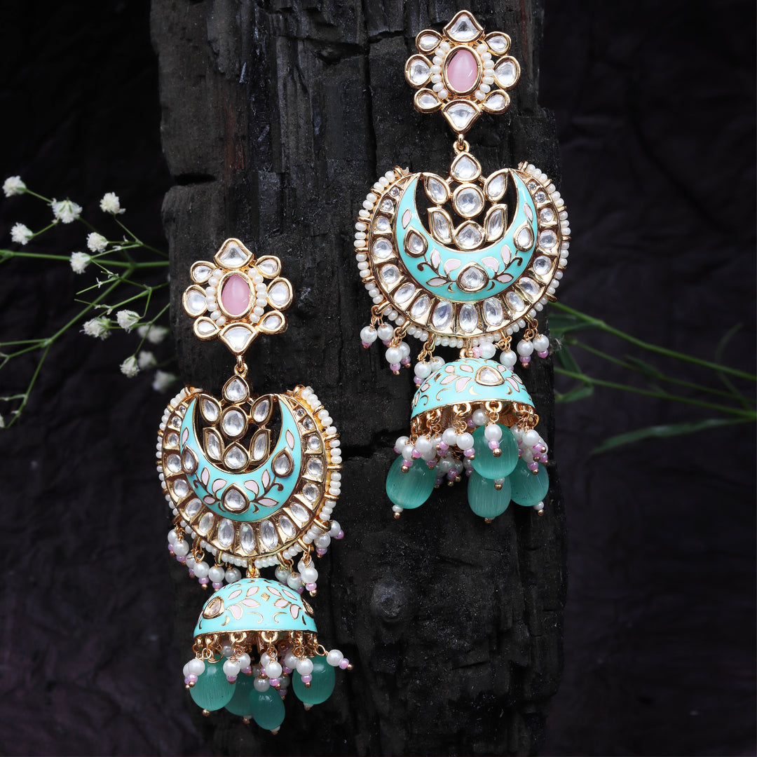 White and Pink Meenakari Kundan Jhumkas