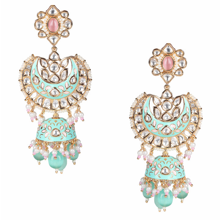 Mint & Pink Meenakari Kundan Jhumkas