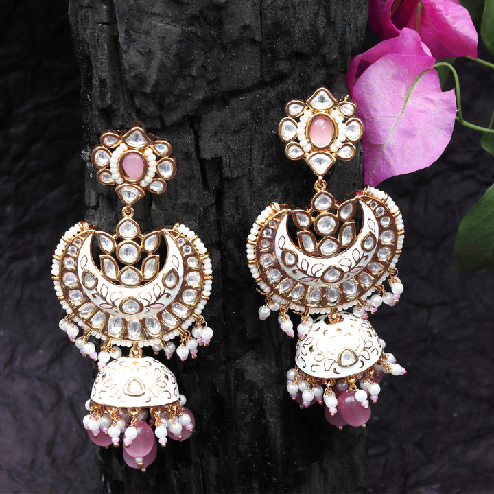 White and Pink Meenakari Kundan Jhumkas