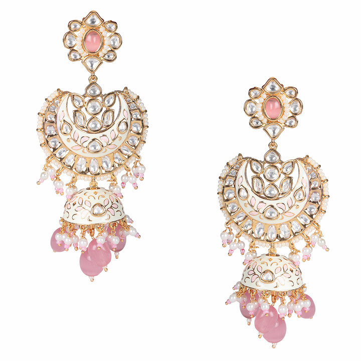 White and Pink Meenakari Kundan Jhumkas