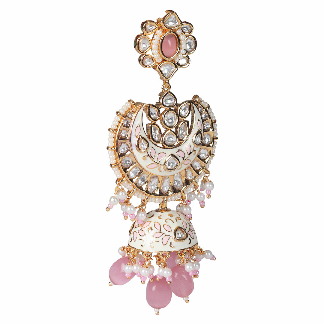 White and Pink Meenakari Kundan Jhumkas