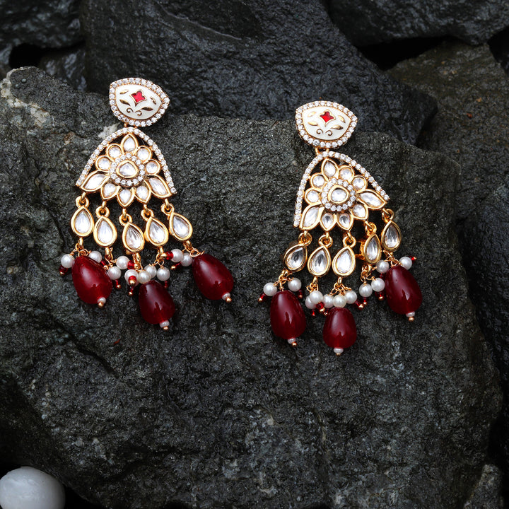 Red Meenkari Kundan Danglers With Faux Diamonds & White Beads