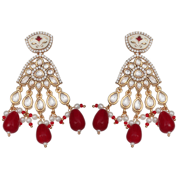 Red Meenkari Kundan Danglers With Faux Diamonds & White Beads