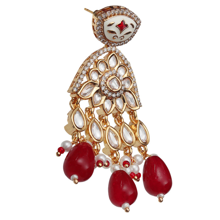 Red Meenkari Kundan Danglers With Faux Diamonds & White Beads