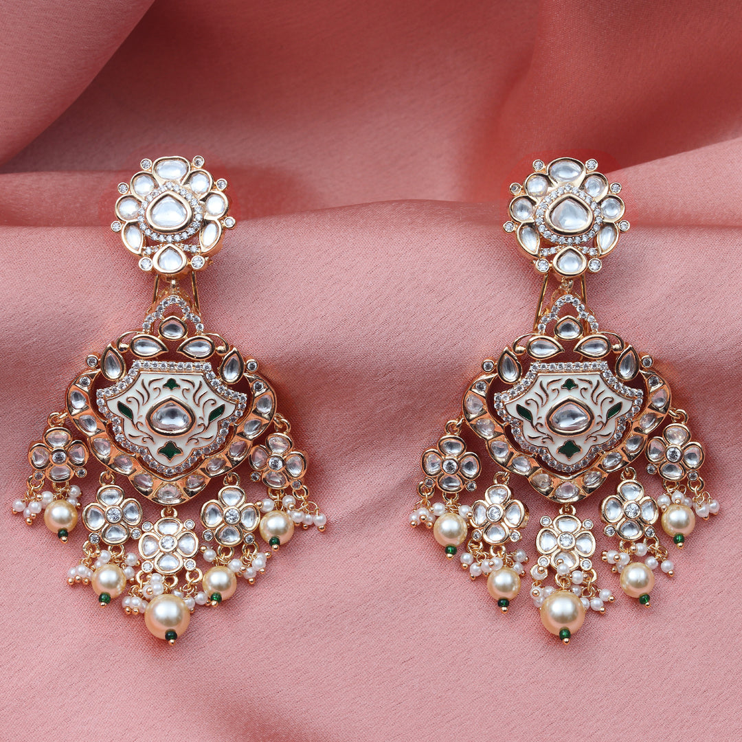 Gold finished Ivory & Pink Meenakari Kundan Danglers