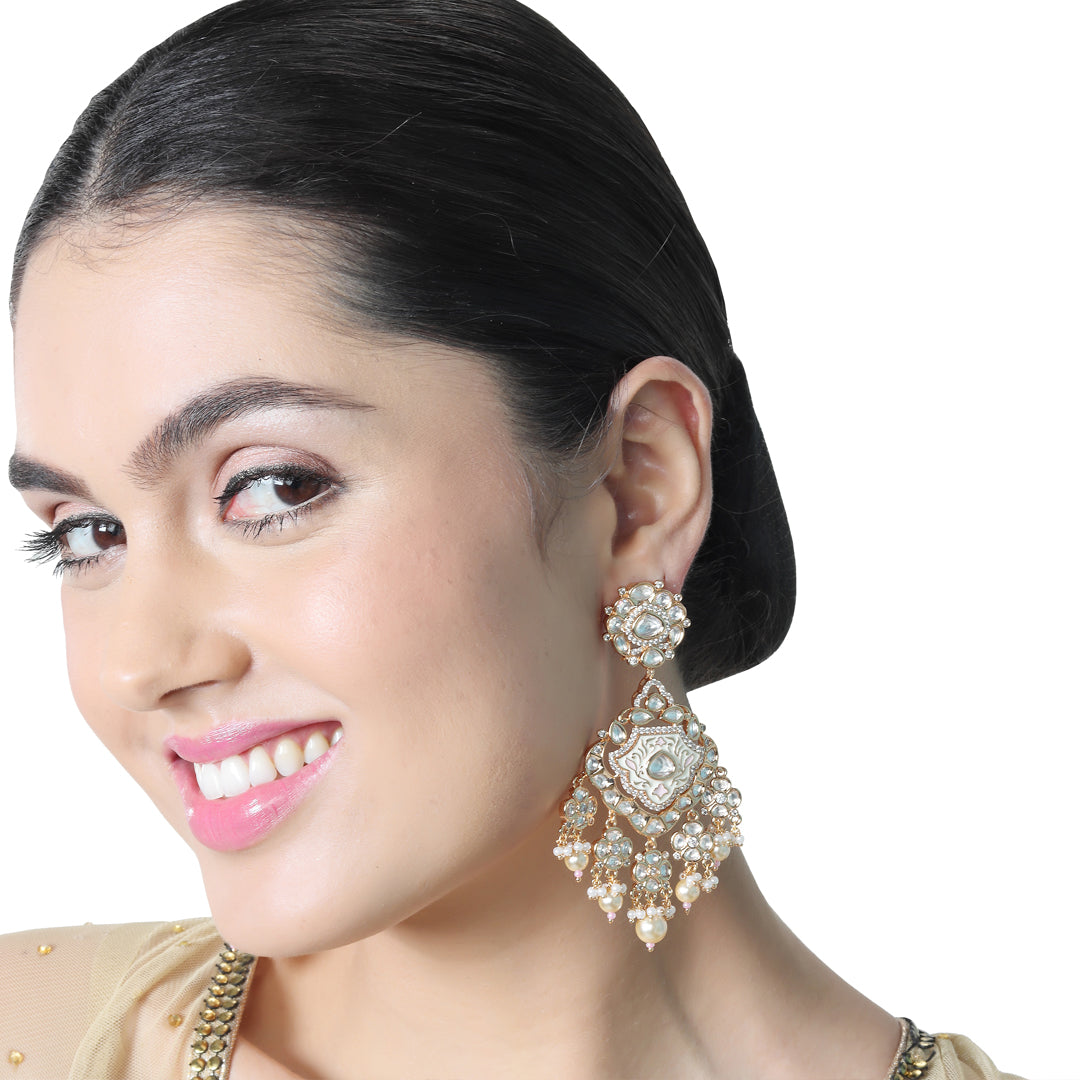 Gold finished Ivory & Pink Meenakari Kundan Danglers