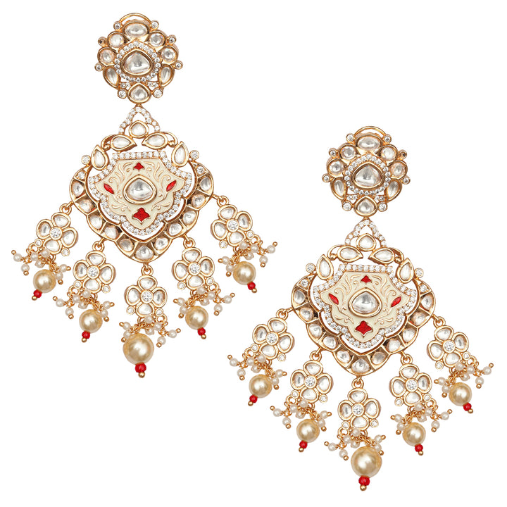 Gold finished Ivory & Red Meenakari Kundan Danglers