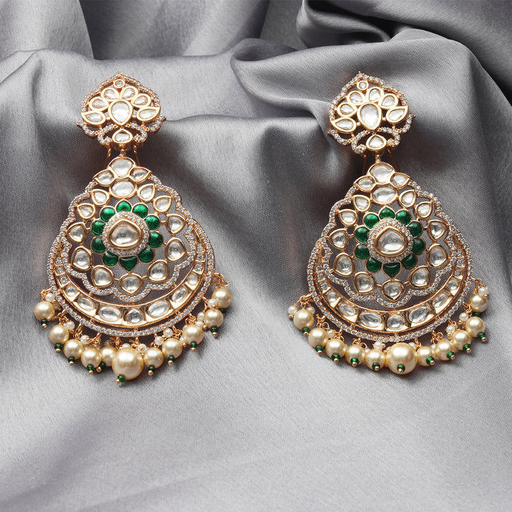 Gold finished Kundan Polki Danglers with Green stones and faux diamonds