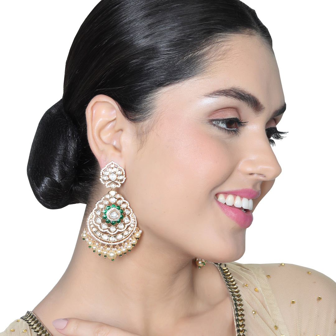 Gold finished Kundan Polki Danglers with Green stones and faux diamonds