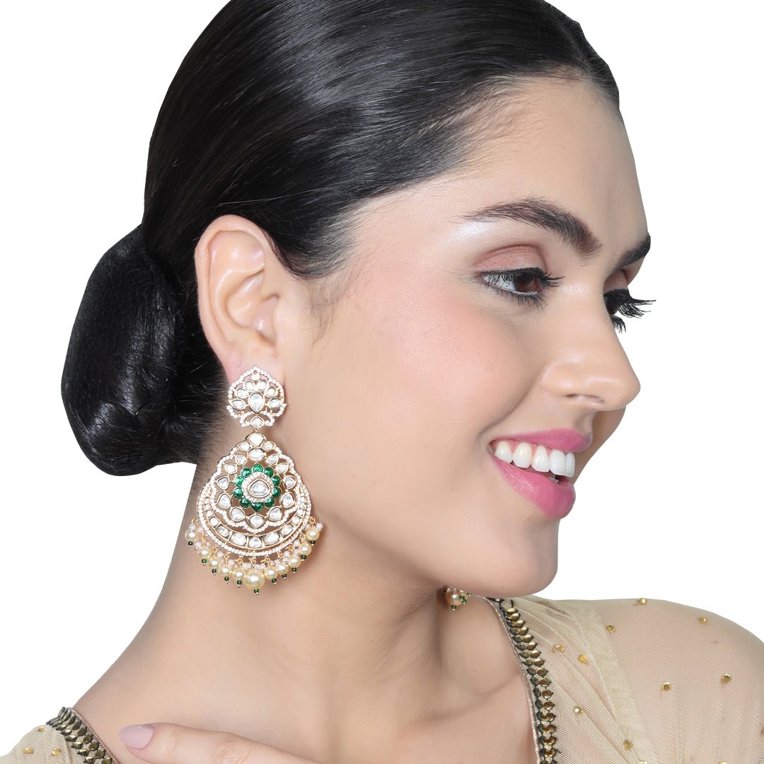 Gold finished Kundan Polki Danglers with Red stones and faux diamonds