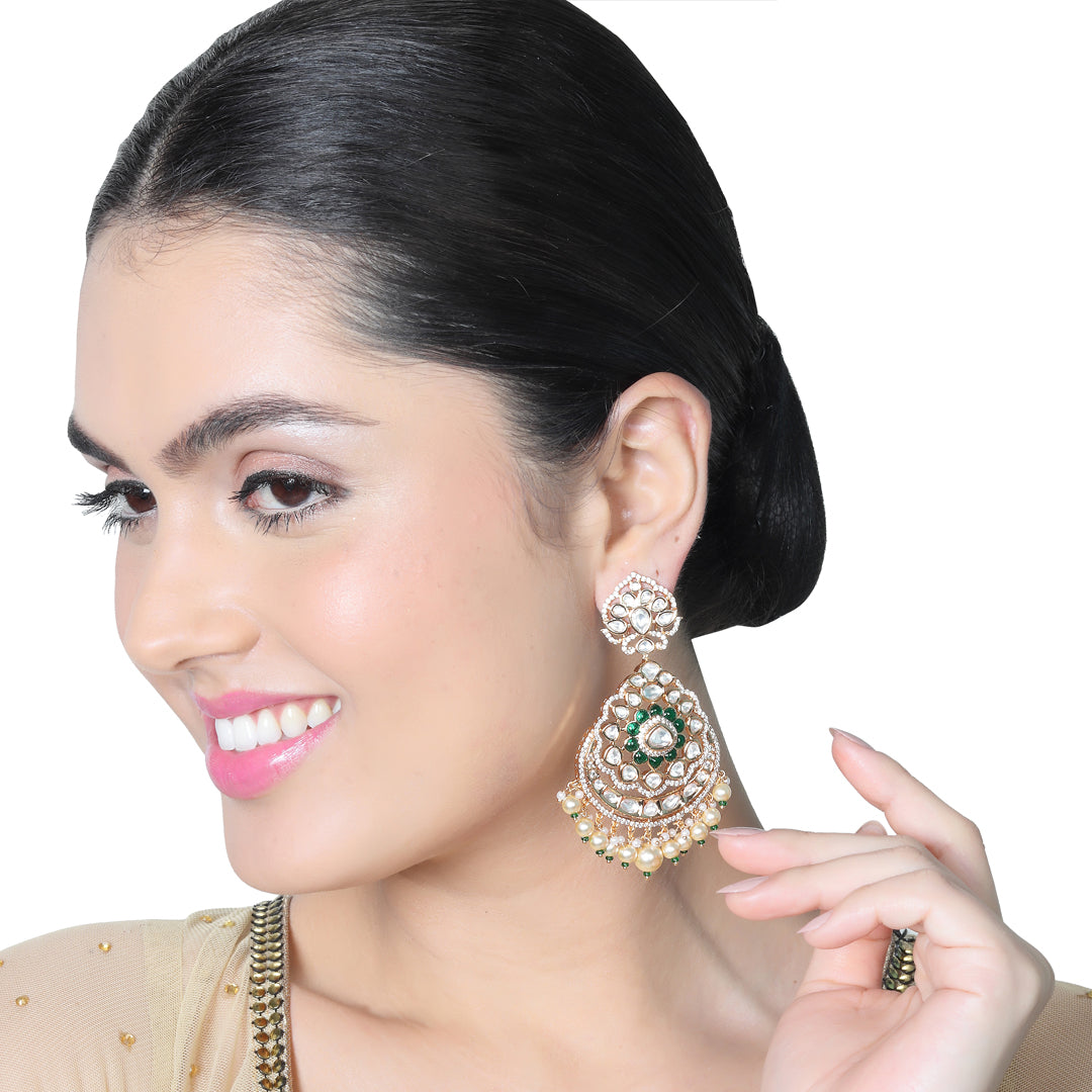 Gold finished Kundan Polki Danglers with Green stones and faux diamonds