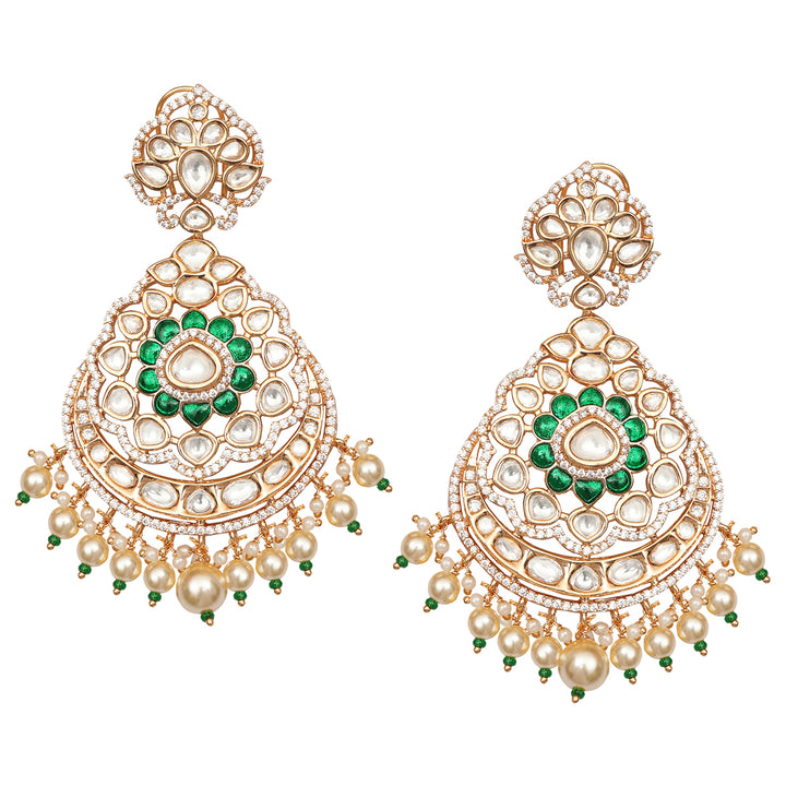 Gold finished Kundan Polki Danglers with Green stones and faux diamonds