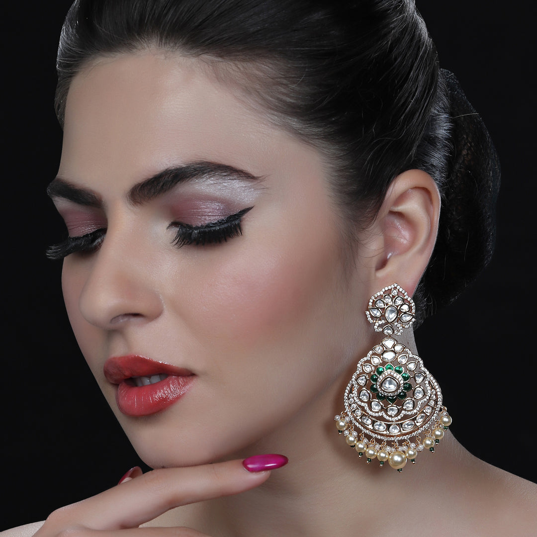 Gold finished Kundan Polki Danglers with Green stones and faux diamonds