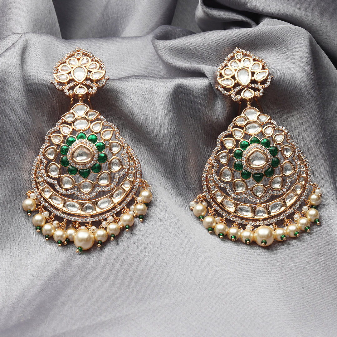 Gold finished Kundan Polki Danglers with Red stones and faux diamonds