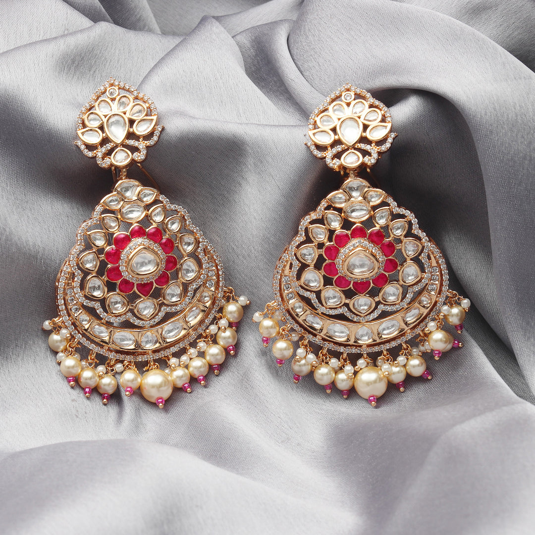 Gold finished Kundan Polki Danglers with Green stones and faux diamonds