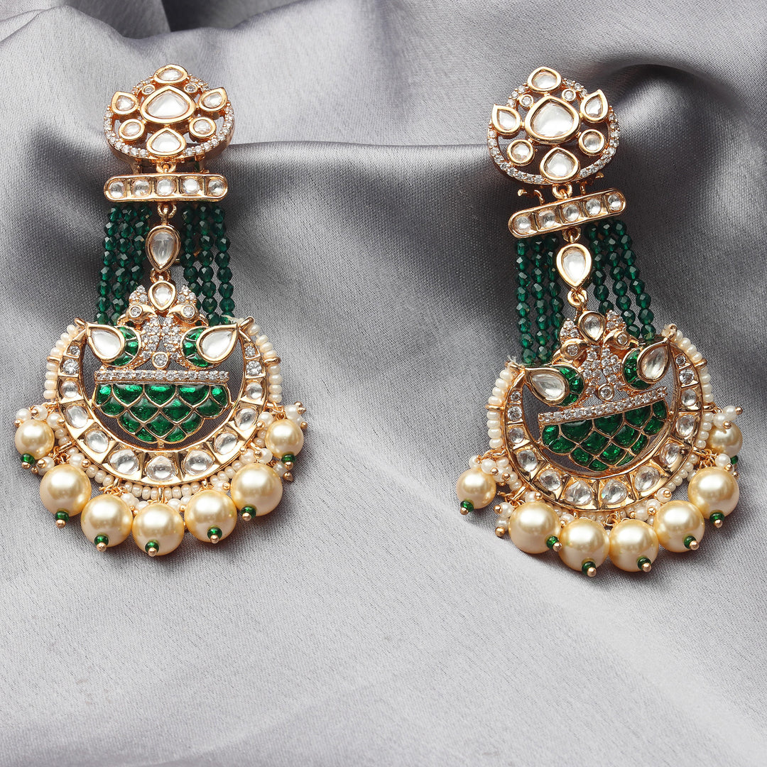 Emerald Green Meenakari Kundan Danglers with faux diamonds