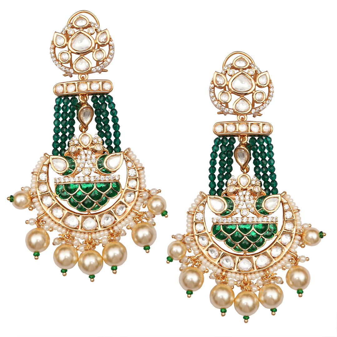 Emerald Green Meenakari Kundan Danglers with faux diamonds