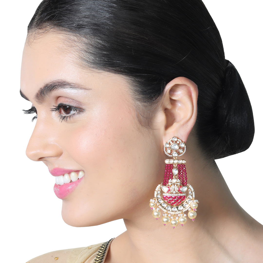 Red Meenakari Kundan Danglers with faux diamonds