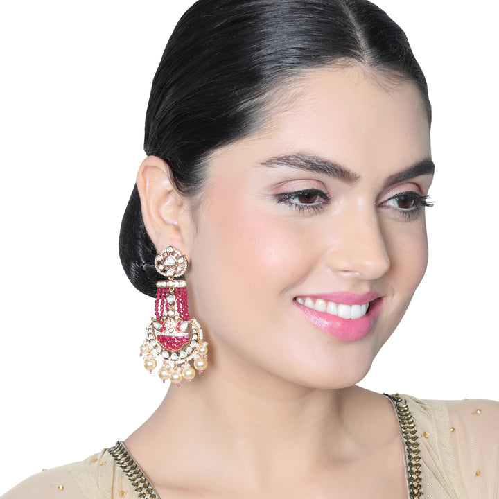 Red Meenakari Kundan Danglers with faux diamonds